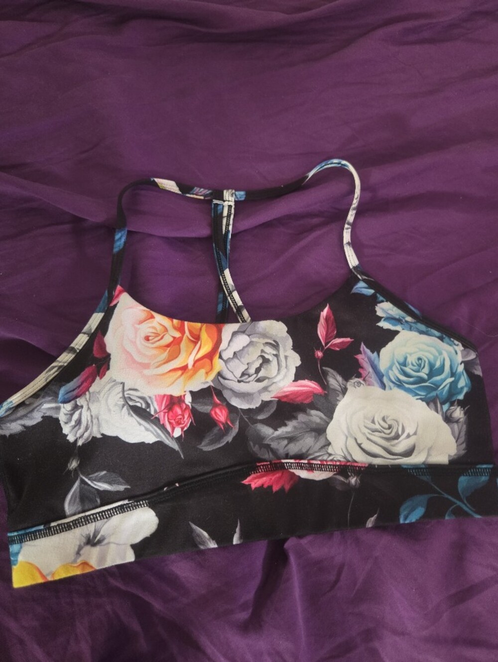 ZYIA Black Floral Racerback Sports Bra with Blue, Yellow, Pink & White Roses